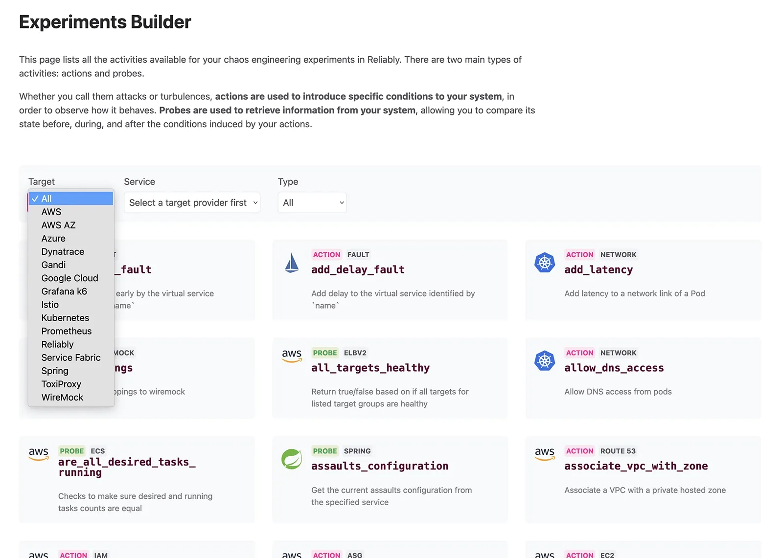 The list of activities is the first step in building experiments. A list of activities is displayed, with a select element open, showing different activites categories such as AWS, Azure, Google Cloud, Kubernetes, and more.