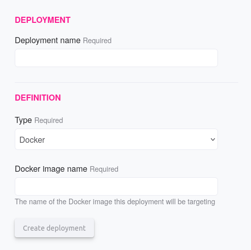 A screenshot of the Reliably App, displaying the form the create a new Docker  deployment.