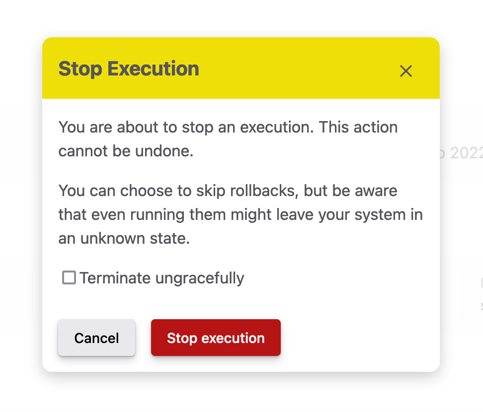 A modal window. The message reads: You are about to stop an execution. This action cannot be undone. You can choose to skip rollbacks, but be aware that even running them might leave your system in an unknown state. A checkbox allows to 'Terminate ungracefully'. Underneath are two buttons to Cancel or Stop Execution.
