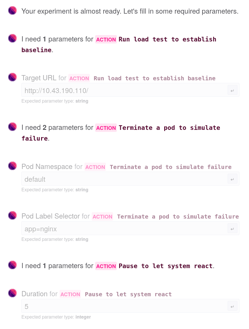 A screenshot of the Reliably assistant experiment's parameters