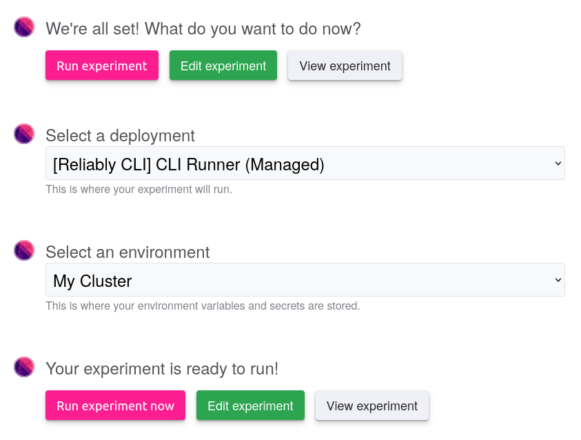 A screenshot of the Reliably assistant run experiment's form