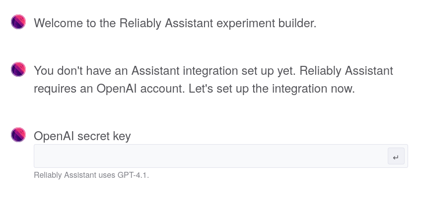 A screenshot of the Reliably assistant builder setup