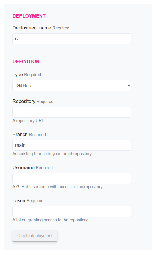 A screenshot of a Reliably new deployment form.
