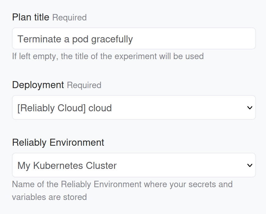 A screenshot of the Reliably Kubernetes plan form.