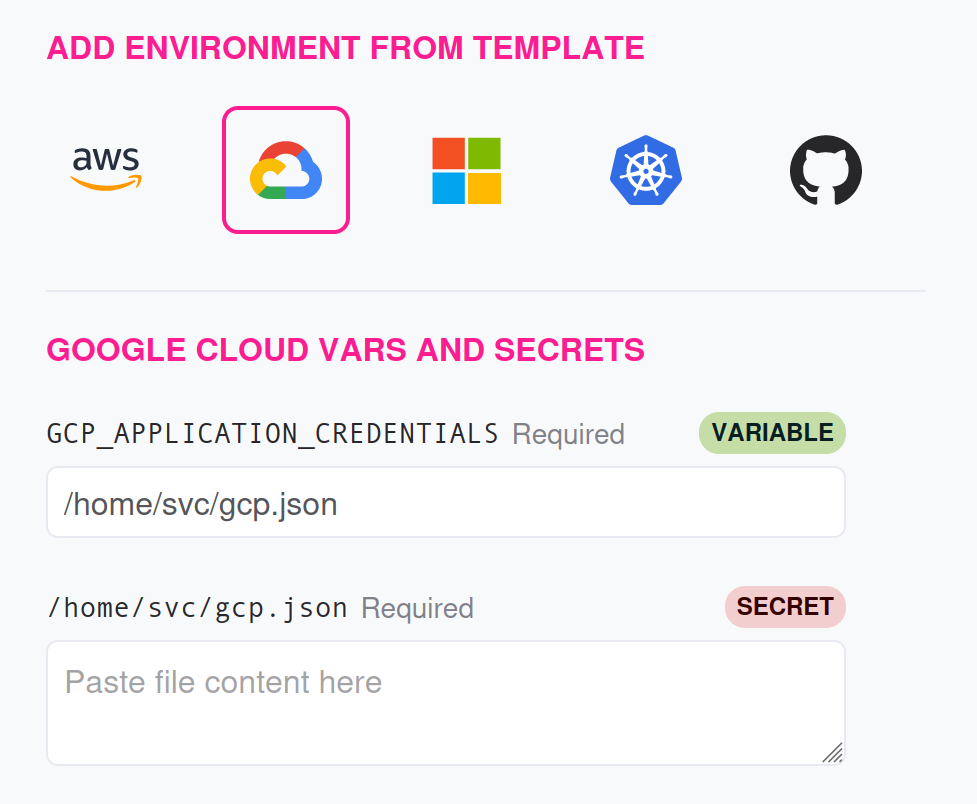 A screenshot of the Reliably Google Cloud Platform environment form.