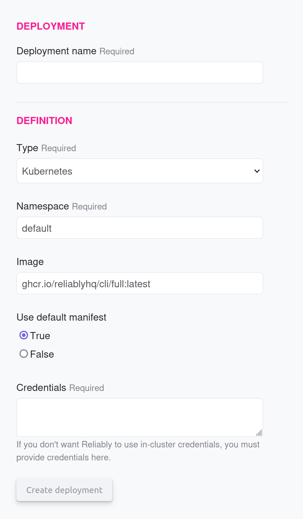 A screenshot of the Reliably Kubernetes environment form.
