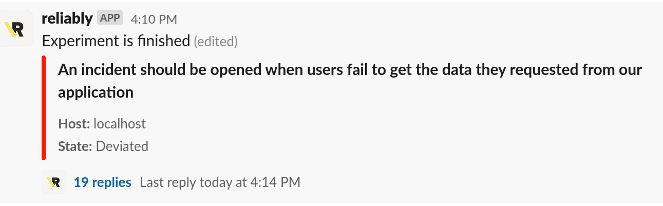 A screenshot of the Slack messages of an execution.