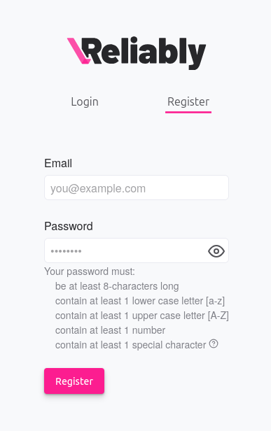 A screenshot of the Reliably App, displaying its registration form.